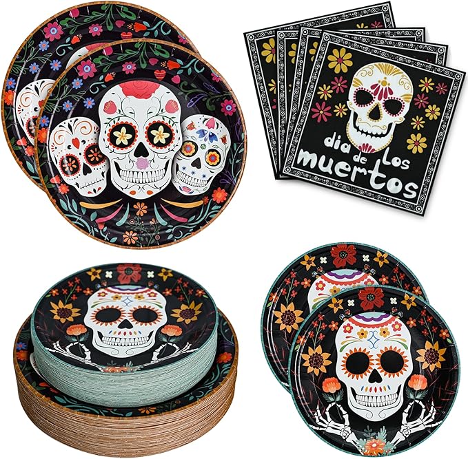 180Pcs Day of the Dead Party Plates and Napkins Set,Sugar Skull Tableware Decors Mexican Fiesta Theme Party Decorations for Day of The Dead Halloween Birthday Party Supplies,Serve 60 Guests
