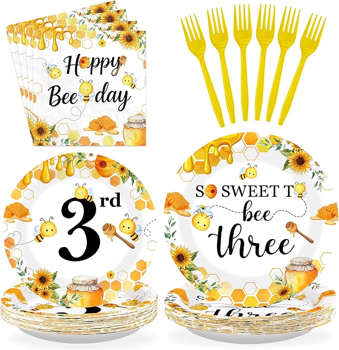 96 Pcs Bee 3rd Birthday Party Supplies Bumble Bee Theme So Sweet to Bee Three Party Plates and Napkins Disposable 3 Years Old Tableware Set for Kids Baby Shower Birthday Decorations, Serves 24