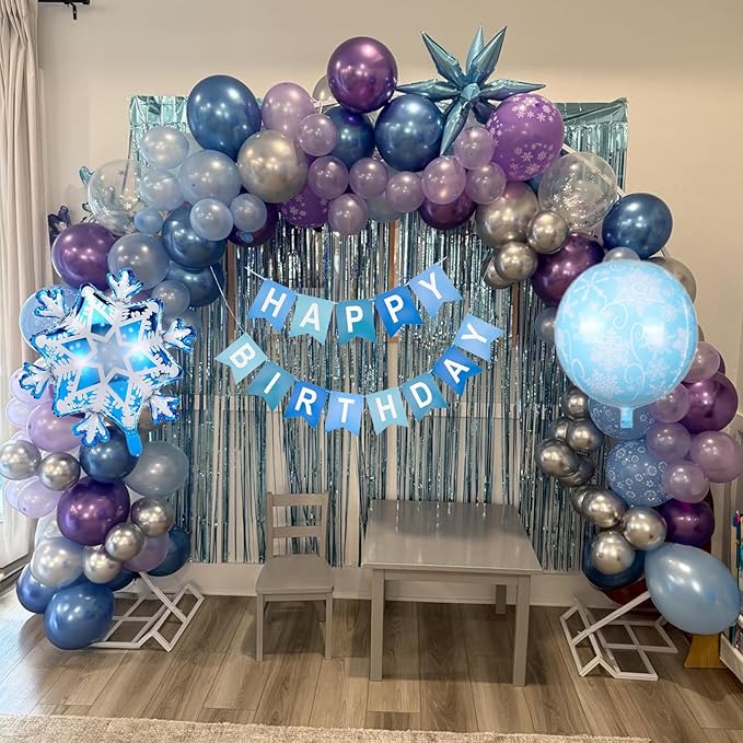 Winter Snow Birthday Party Decorations, 4D Snowflake Winter Wonderlan Balloon Garland Arch Kit Blue Purple Silver Balloons for Princess Baby Its Cold Outside Onderland Birthday Party Decoration