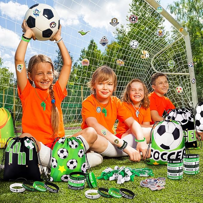 98Pcs Soccer Party Favors, Soccer Drawstring Bags with Silicone Bracelet Soccer Whistles Stickers Soccer Goodie Bags for Soccer Party Decorations Party Supplies