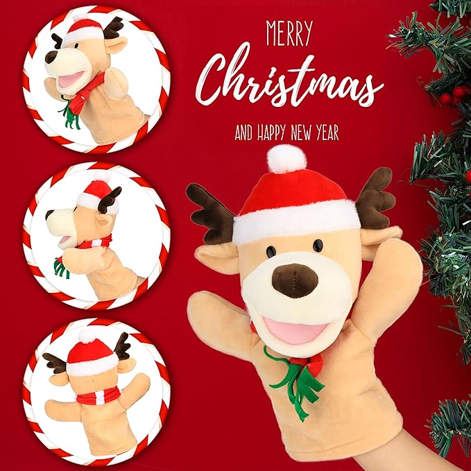 Hopearl Plush Christmas Elk Hand Puppet Reindeer with Open Movable Mouth for Imaginative Play, Role Play, Interactive Toy for Storytelling Teaching Puppet Theater, Gifts for Kids, Brown, 13.5''