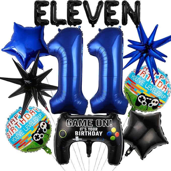 15pcs Video Game Themed Party Decorations, Number 11th Boys Birthday Party Supplies, Navy Blue Video Game Controller Mylar Foil Balloon, Video Game Party Decoration Supplies