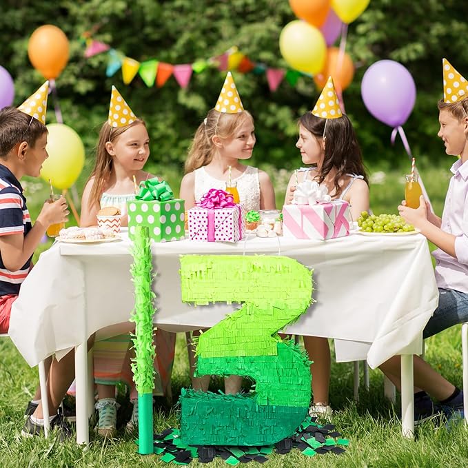 Number Piñata Decorations 16 Inch Gradient Green Piñata with Blindfold Stick and Confetti for Birthday Baby Shower Safari Jungle Themed Party Supplies Centerpiece(Number 3)