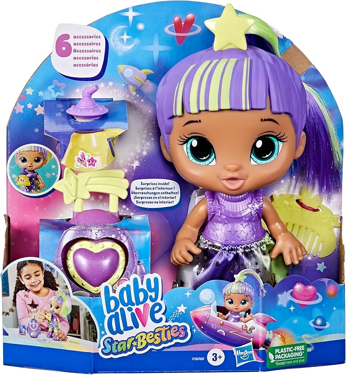 Baby Alive Star Besties Doll, Lovely Luna, 8-inch Space-Themed Doll for 3 Year Old Girls and Boys and Up, Accessories
