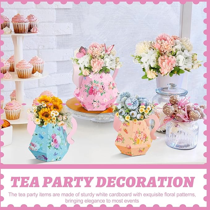 Fulmoon 9 Pcs Tea Party Decorations 6.7'' Flower Box Table Paper Teapot Princess Centerpiece Vase Table Decor Wonderland Fancy Party Decor for Floral Tea Birthday Baby Shower Wedding (Cute)