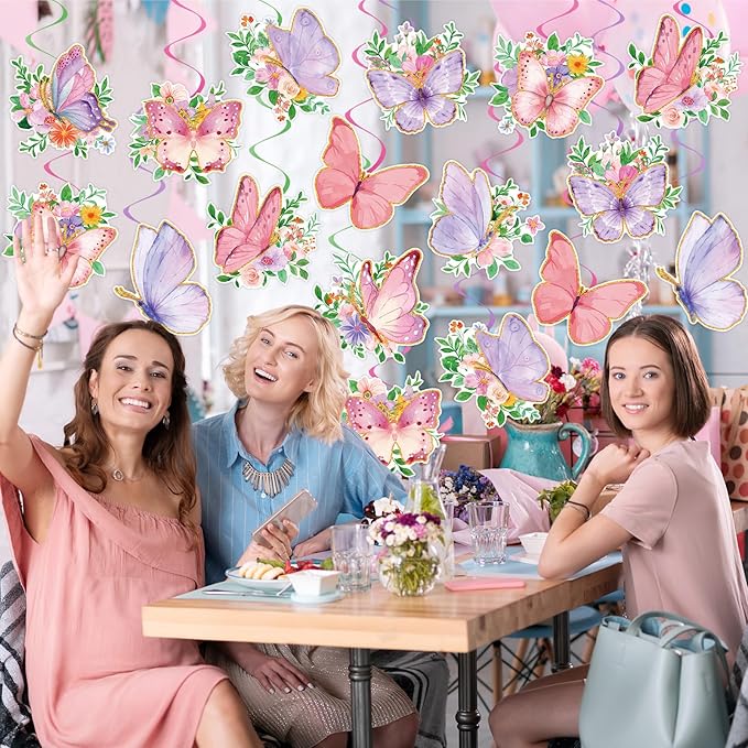 48Pcs Spring Butterfly Hanging Swirl Decorations, Watercolor Butterfly Ceiling Hanging Swirls Spring Party Hanging Swirls Streamers for Birthday Wedding Garden Tea Party Decor Supplies