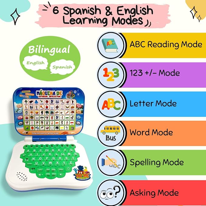 ZEENKIND Spanish English Toy Laptop, Toddler Learning Toys 2 3 4 Years Old, Spanish Learning Bilingual Toy Computer for Kids, Educational Computer Toys with Alphabet Numbers Words Spelling Math