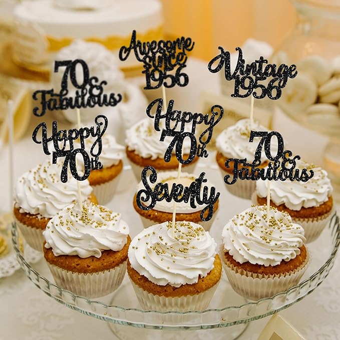 30Pcs Happy 70th Birthday Cupcake Toppers Glitter Seventy Vintage 1956 Cupcake Picks Cheers to 70 Fabulous Cake Decorations for 70th Birthday Wedding Anniversary Party Supplies Black