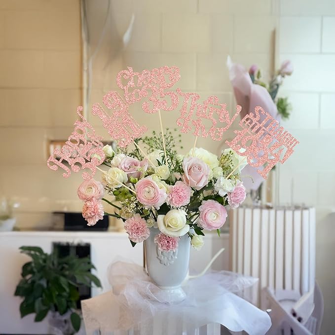 Gyufise 15Pcs Happy 35th Birthday Centerpiece Sticks Thirty Five Straight Outta 1991 Table Flower Centerpieces Sticks Cheers to 35 Decorations for 35th Birthday Party Supplies Rose Gold