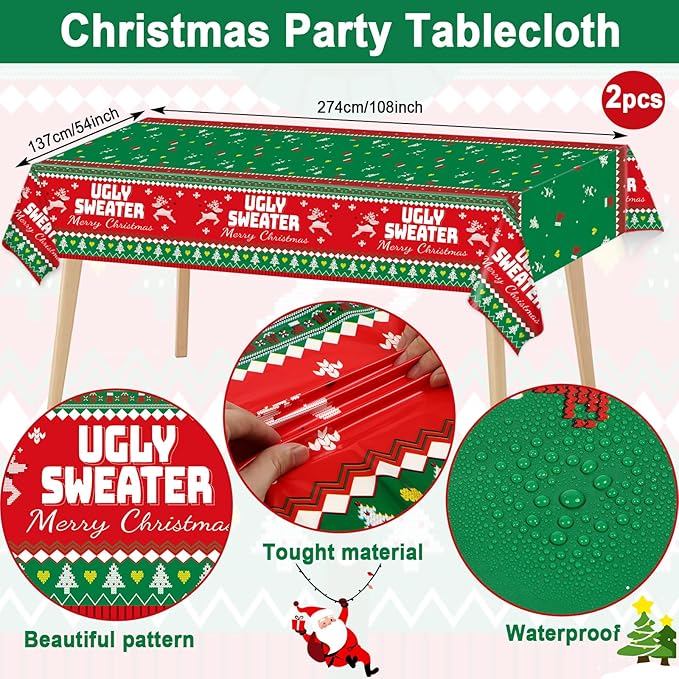 98 Pcs Christmas Ugly Sweater Party Supplies Tacky Sweater Party Plates Tablecloth Xmas Party Decorations for Christmas Holiday Tableware Set Paper Plates Napkins Forks for 24 Guests