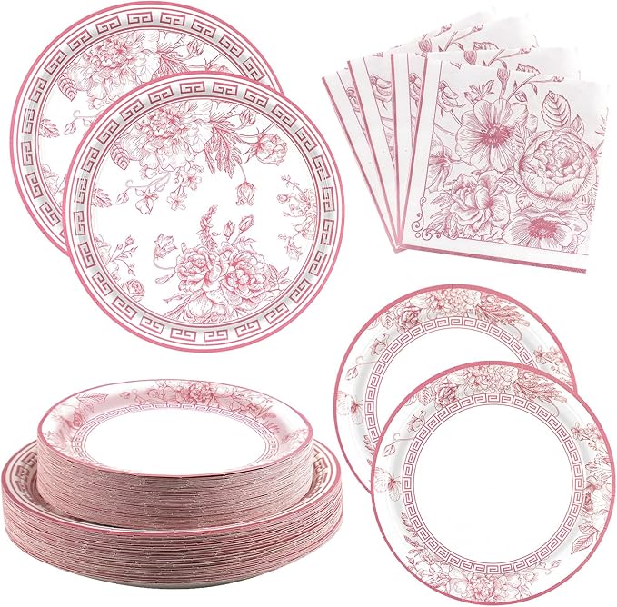 180PCS Pink White Floral Party Supplies Serve 60, Pink Flower Paper Plates and Napkins Kit for Bridal Baby Shower Wedding Tea Party Decorations, Includes Dinner and Dessert Plates, Napkins