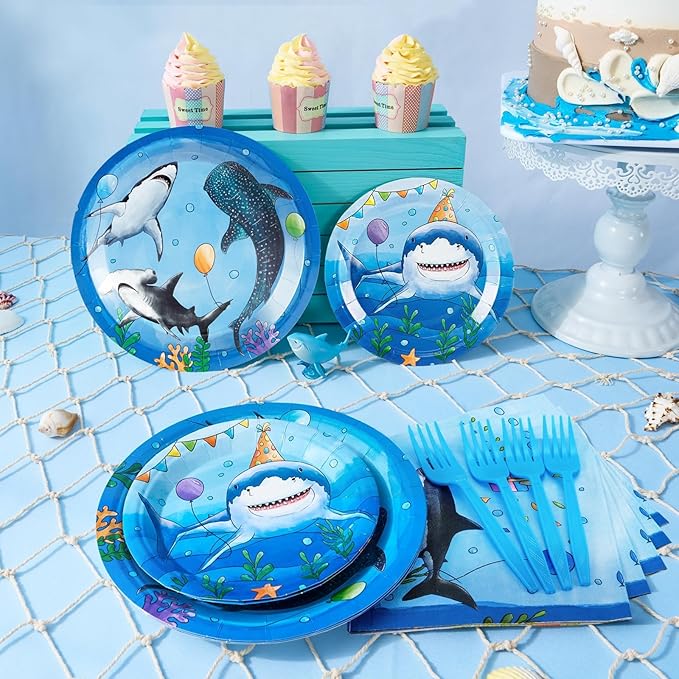 WERNNSAI Shark Birthday Party Decorations - 64PCS Shark Plates Napkins Forks Under the Sea Theme Party Supplies for Kids Boys Summer Baby Shower Birthday Decor Serves 16 Guests