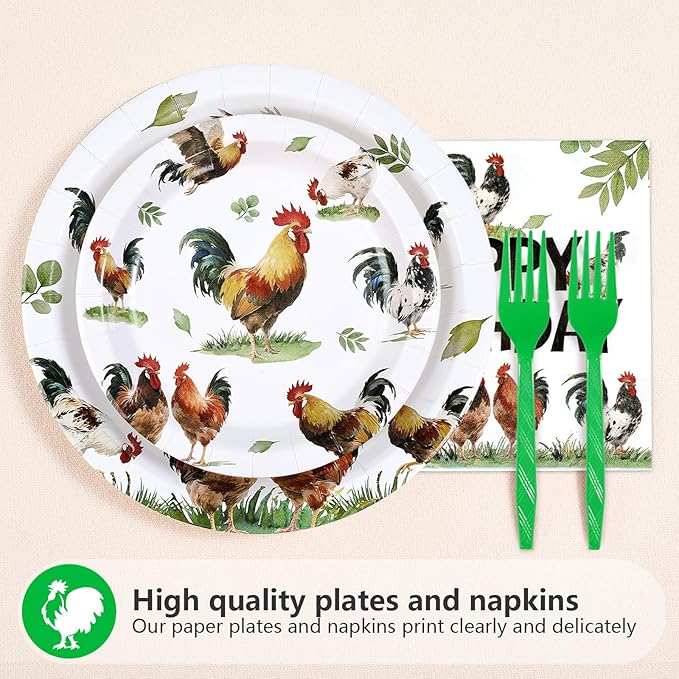 96Pcs Chicken Birthday Party Supplies Rooster Plates and Napkins Rooster Rustic Farmhouse Country Tableware Set for Girl Boy Chicken Farm Animal Birthday Theme Party Supplies，Serves 24