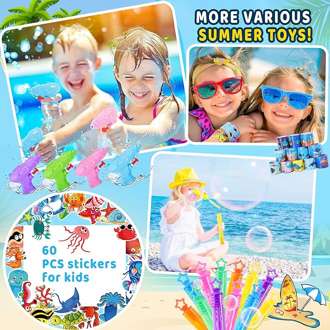 Pool Party Favors - 132PCS Summer Beach Toys for Kids Include Balls, Sunglasses Bulk, Bubble Wands - Party Supplies for Summer Birthday 4-8 8-12