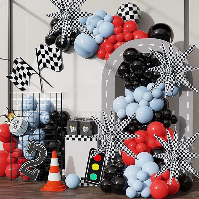 TONIFUL 4 Pcs 22inch 4D Checkered Explosion Star Mylar Balloons 14Point Checkered Star Balloons for Racing Themed Party Decorations Fast Race Car Birthday Baby Shower Photo Booth Backdrop Supplies