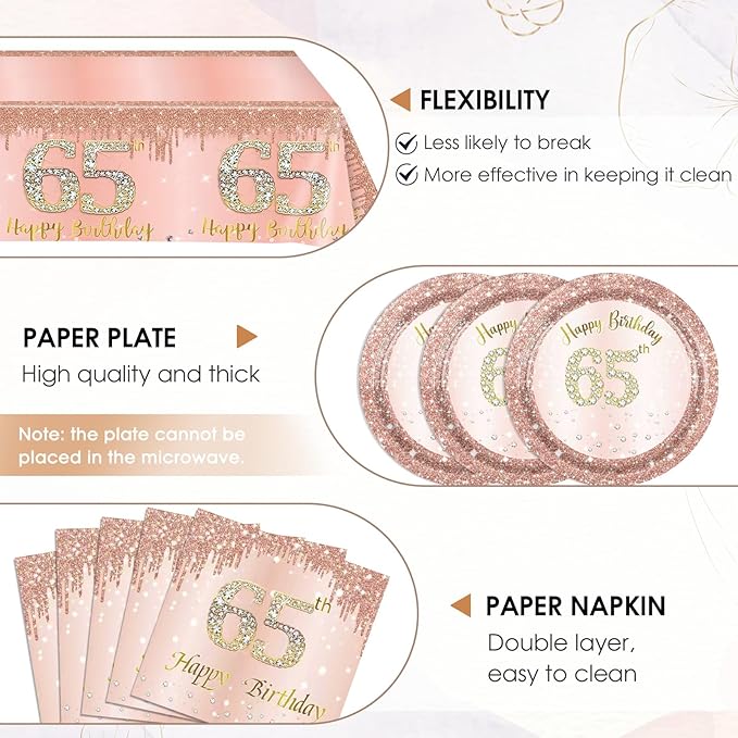 65th Birthday Decorations for Women,Rose Gold 65th Birthday Plates and Napkins,Tablecloth,65 Year Old Tableware Party Supplies Disposable Dinnerware Table Decor Favors for Women 1961 Party Supplies