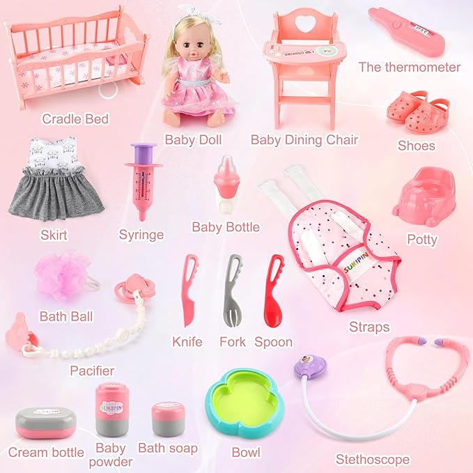 Valentines Day Gifts for Kids, Baby Doll Playsets, Baby Doll with Accessories Set for Girls 3-5, Baby Doll Set for 3 4 5 Year Old Girl (Doll Playset)