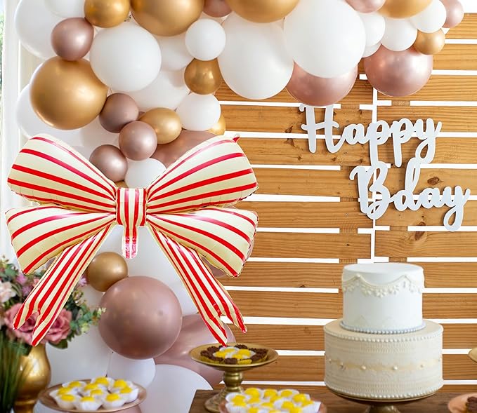 2 pcs Big Bow Balloons Yellow with Red Strips 30 inch, Bow Party Balloons Decorations for Girls Baby Shower Birthday Party Decor Suppplies Bachelorette Engagement Wedding Balloon Arch Kits