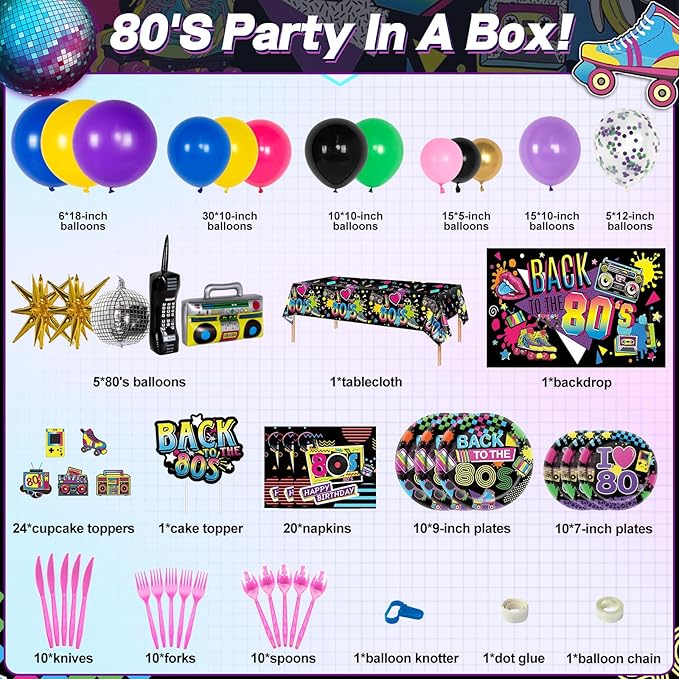 80s Party Decorations, 80s 90s Theme Birthday Party Supplies Includes Inflatable Radio Boombox & Mobile Phone, Back To The 80's Backdrop, Tablecloth, Plates, Napkins, Hip-Hop Cake Toppers