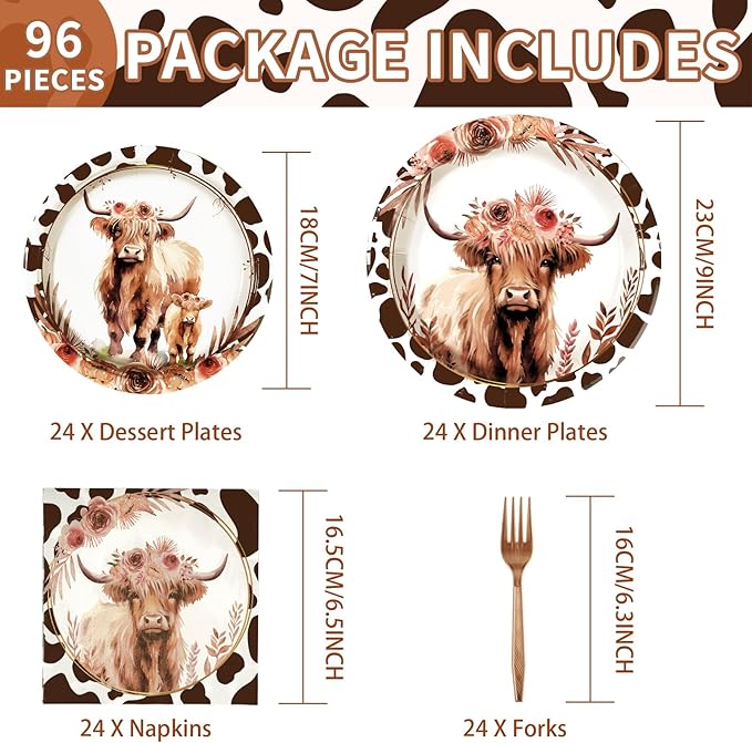 96Pcs Fall Highland Cow Party Supplies Brown Cow Plates and Napkins Tableware Set Disposable Floral Highland cow Party Decorations for Autumn Kid Birthday Baby Shower Western Farm Animal party Serve24