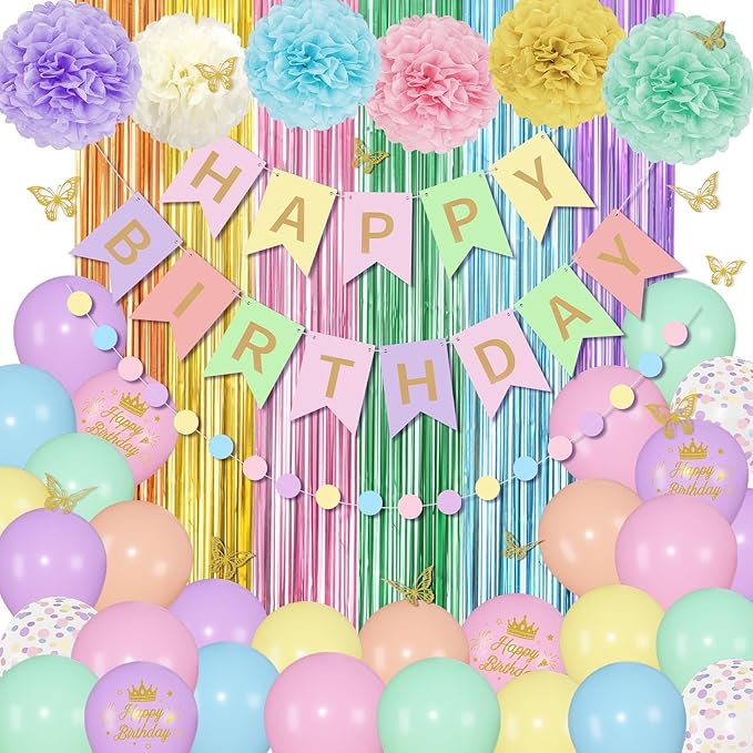 Pastel Birthday Decorations for Women Girls, Rainbow Colorful Printed Confetti Balloons Butterfly Stickers Fringe Curtain Happy Birthday Banner Circle Dots Garland Paper Pompoms Spring Party Supplies