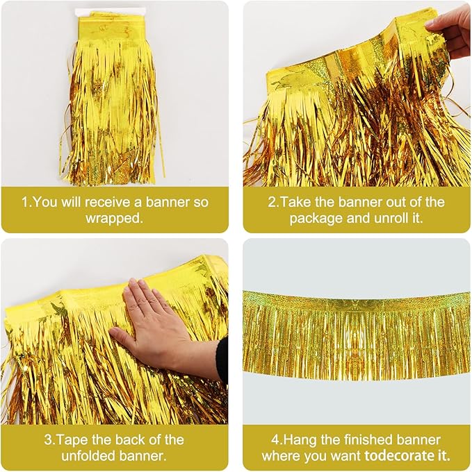 BEISHIDA 3 Packs 30 Feet Metallic Foil Fringe Garland Tinsel Streamers，Laser Gold Wall Hanging Tinsel Fringe Banners for Wedding Birthday Party Decoration Halloween Christmas New Year