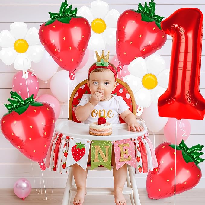 8pcs Berry First Birthday Decor Berry 1st Birthday Decorations for Girl with 40" Red One Balloon for First Bday Decorations Foil Helium Balloons 1st Girl Party Supplies