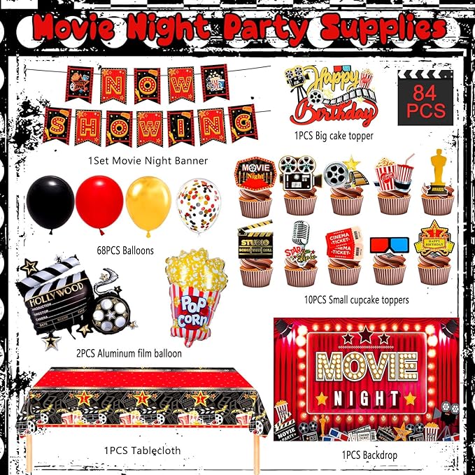 Movie Night Party Decorations, 84 Pcs Movie Night Party Supplies - Balloons Backdrop Tablecloth Banner etc Movie Theater Decorations