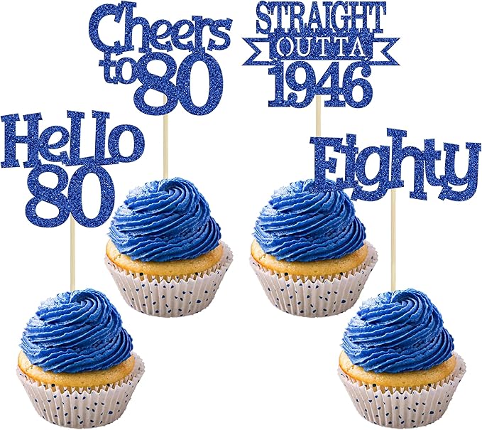Ephlyn 24Pcs Happy 80th Birthday Cupcake Toppers Glitter Straight Outta 1946 Cupcake Picks Hello 80 Cheers to 80 Years Birthday Cake Decorations for 80th Birthday Anniversary Party Supplies Blue