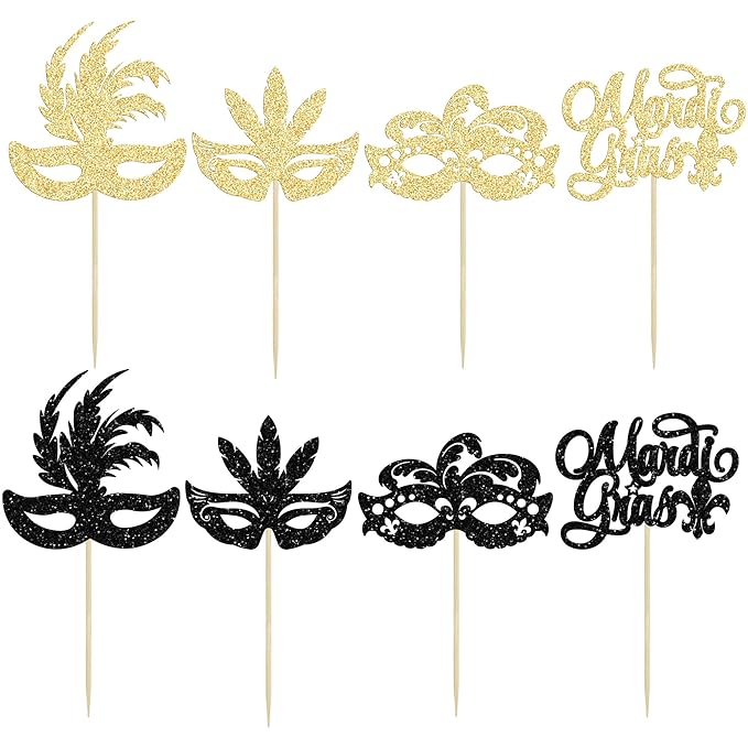 Gyufise 24Pcs Masquerade Masks Cupcake Toppers Black Gold Glitter Mardi Gras Cupcake Food Fruit Picks Masquerade Mardi Gras Party Baby Shower Birthday Party Cake Decorations