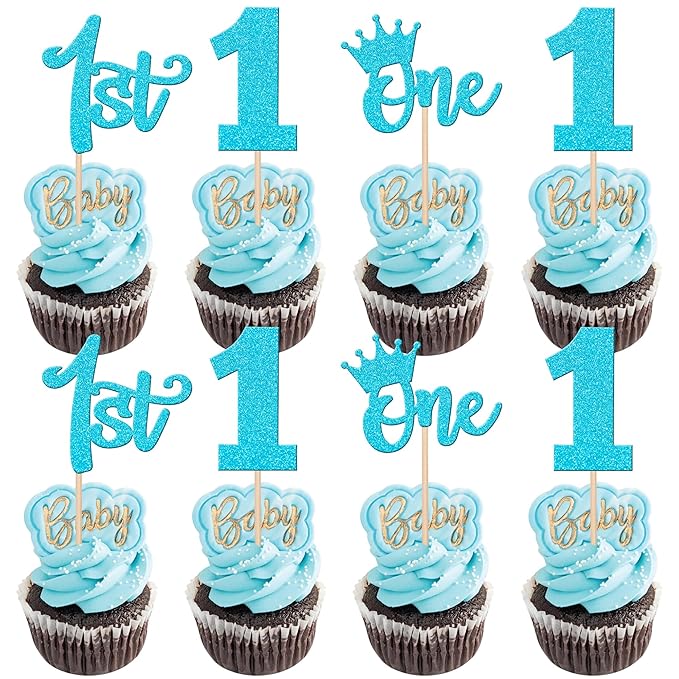 24 PCS 1st Birthday Cupcake Toppers Glitter First Birthday Crown Wild One Cupcake Picks for Baby Shower Kids Boys Girls 1st Birthday Anniversary Boho Theme Party Cake Decorations Supplies Blue