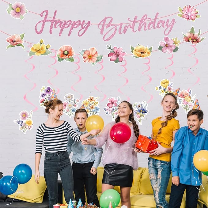 Wildflower Happy Birthday Decorations - 10 Pcs Birthday Party Decorations for Girls Glitter Banner Garland Floral Hanging Swirls Decor Flower Decoration for Women Party Supplies