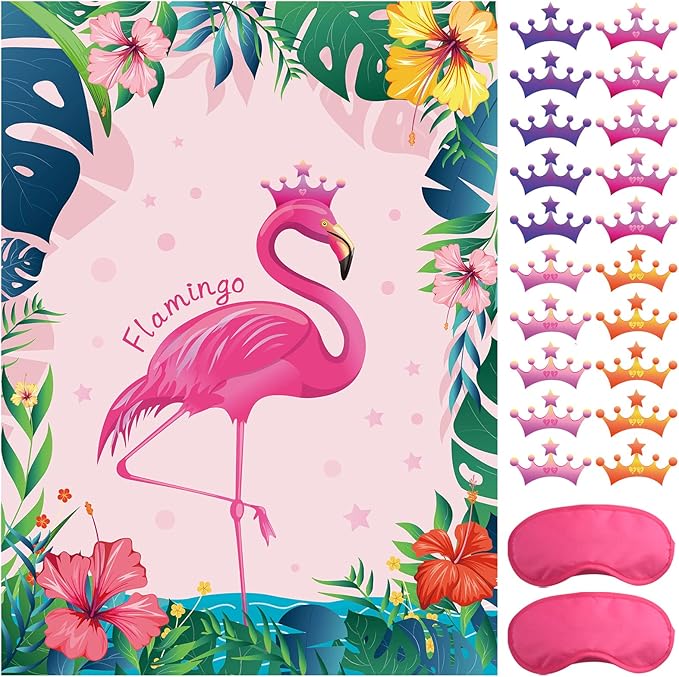 ASTARON Pin The Crown on The Flamingo, Flamingo Theme Party Game with 24 Crown Stickers for Birthday Party and Hawaiian Luau Tiki Party Supplies