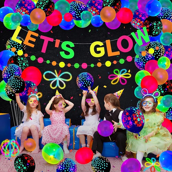 458 Pcs Glow Party Supplies - Include Balloons, Banner, Glow Sticks, Tableware and Tablecloths for Neon Party Decorations, Serves 20