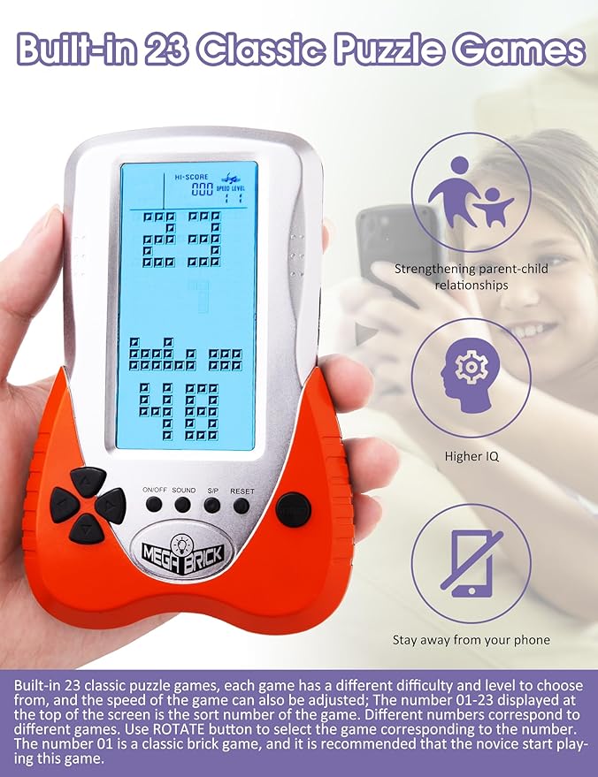 Retro Block Brick Game Console Large Screen Blue Backlight Brightness can be Adjusted Build in 23 Game Compatible with Lithium Battery/AAA Batteries can Plug in Headphone Christmas GIF(Orange)