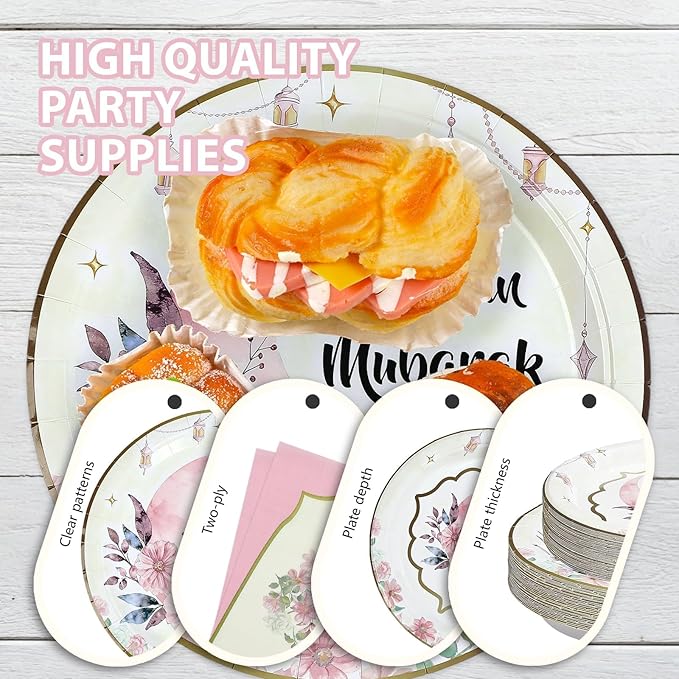 168Pcs Eid Ramadan Decorations Pink Watercolor Flower Lantern Moon Plates and Napkins Cups Forks Islamic Mubarak Decor Tableware Sets for Islamic Muslim Ramadan Mubarak Home Party Supplies Serves 24