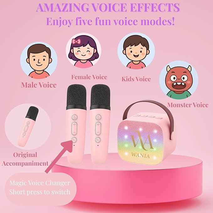 WANIA Mini Karaoke Machine for Kids and Adults - Portable Bluetooth Speaker with 2 Wireless Microphones, Rechargeable Music Player with LED Lights, Voice Effects, Gift for Ages 3, 4, 5-12+