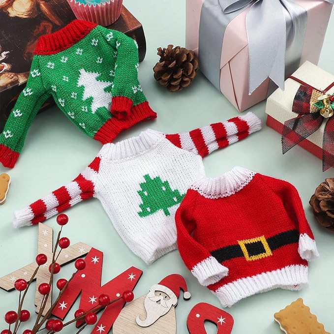 Aoriher 3 Pcs Christmas Doll Clothes Christmas Accessories Outfit Small Sweater Set Knitted Clothing Elk Xmas Santa Tree Snowflake Xmas Doll Accessories(Natural Style)