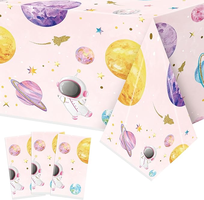 Pink Watercolor Table Cover - 3-Pack 54 X 108 Inch Pink Watercolor Outer Space Disposable Plastic Rectangle Print Table Cloth Baby Shower Kids Birthday Party Tablecloths Decoration Supplies