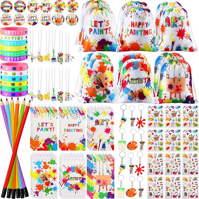 Jenaai 102 Pcs Art Paint Party Favor Supplies Set Gift Includes 12 Drawstring Backpacks 12 Bracelets 12 Badges 12 Keychains 18 Spiral Notepads 12 Pencils 12 Stickers 12 Necklaces