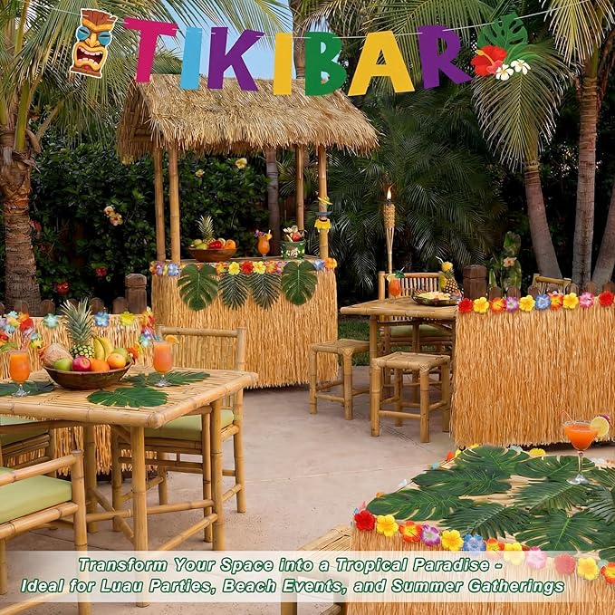 22 Pcs Tiki Bar Hut Kit with Banner 20 Realistic Palm Leaves and Gold Grass Table Skirt 108 x 29.5 in Tropical Luau Tiki Bar Decorations for Hawaiian Party Beach Pool Summer Luau Party Supplies