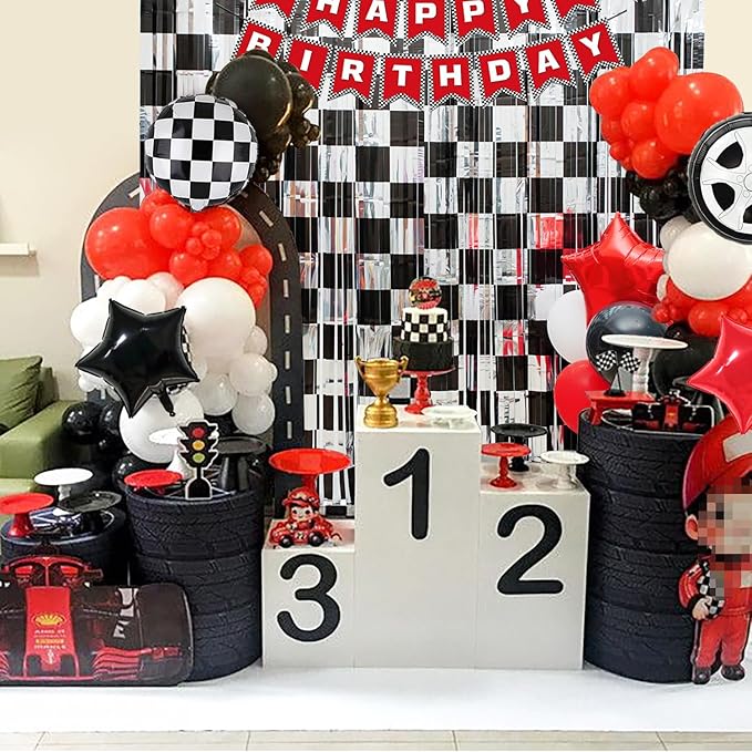 Race Car Birthday Party Decoration, Including 2 Pack Black Silver Checkered Streamers, 22pcs Race Car Party Balloons & 1pcs Race Car Birthday Banner for One Happy Dude Race Car Theme Party Supplies