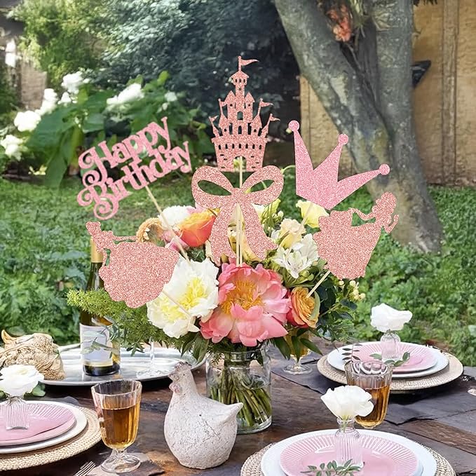 Gyufise 12Pcs Princess Centerpiece Sticks Birthday Bowknot Castle Birthday Table Flower Centerpieces Sticks Crown Bow Party Decorations for Bridal Shower Birthday Wedding Party Supplies Rose Gold