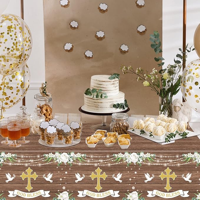 3 PCS God Bless Baptism Tablecloths - Decoration for First Holy Communion, Christening, Newborn Baby Shower Theme Supplies - Plastic Table Cover - Rustic Wood Floral Party Favors