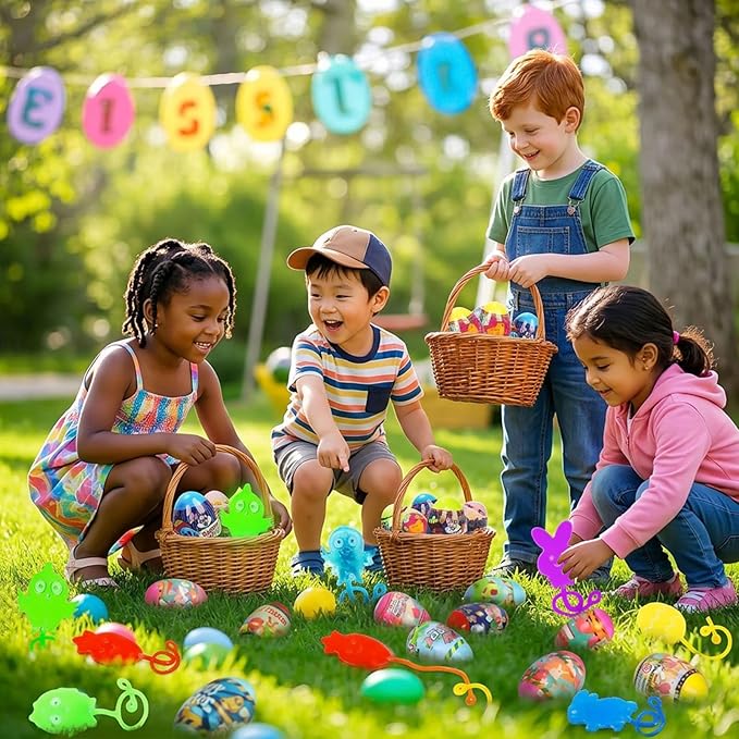 Easter Eggs Filled with Sticky Hands –24 Pack Pre-Filled Easter Eggs with 24 Assorted Sticky Hands Toys, Easter Basket Stuffers for Kids, Party Favors