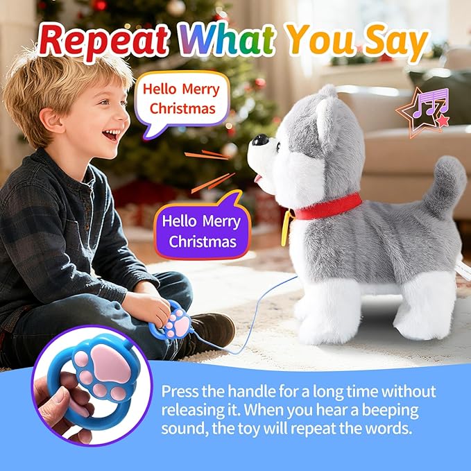 Marsjoy Husky Walking Barking Dog for Kids Interactive Musical Puppy Robot Repeats What You Say, Realistic Licking Tongue Wagging Tail Remote Control Toddler Toys for Girls and Boys Birthday Gifts