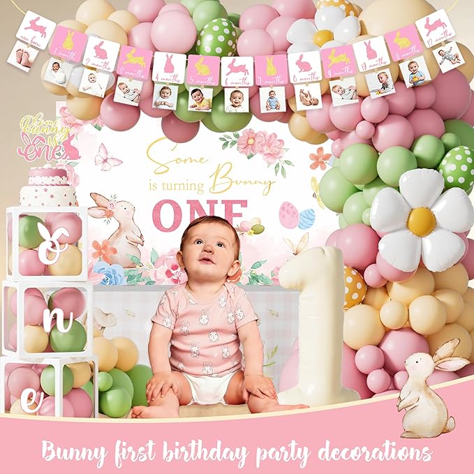 Some Bunny Is One Birthday Party Decorations for Girl, Pink Easter Bunny Rabbit 1st Birthday Supplies, Balloon Garland Kit, High Chair Banner and Backdrop for One Year Old Spring Birthday Girl Décor