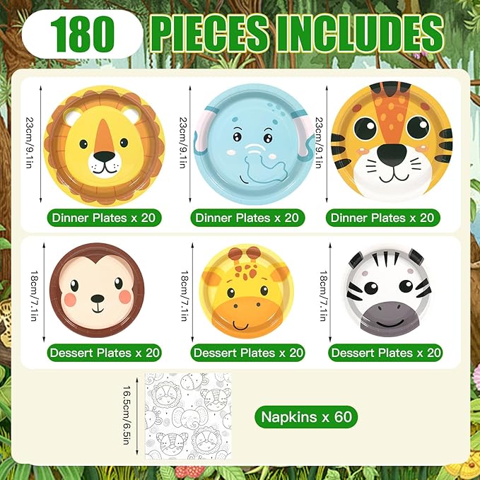 180Pcs Jungle Wild Animal Paper Plates Party Supplies Zoo Animal Paper Plates and Napkins Serve 60 Disposable Tableware Set for Birthday Party Decorations Game Day Family Holiday Sports Events