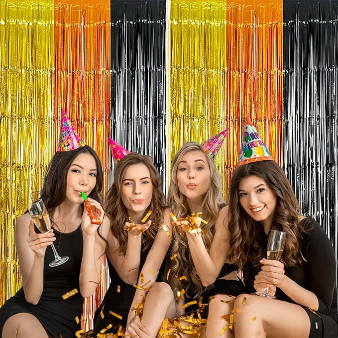 2 Pack Construction Foil Fringe Curtains, 3.3x6.6 ft Yellow Orange and Black Tinsel Fringe Streamers Photo Booth Backdrop for Construction Party Decoration, Birthday Party Supplies