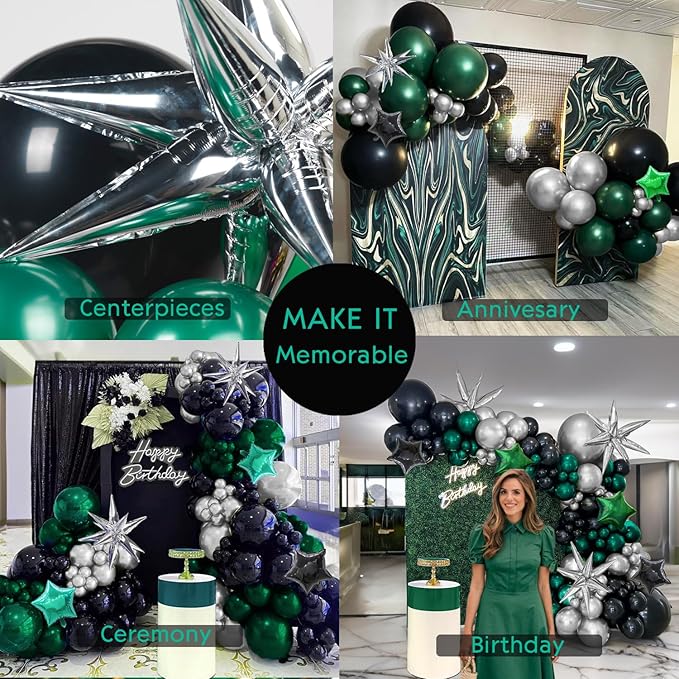emerald green and silver black balloon garland arch kit 160pcs with star five-pointed star mylar balloon for Birthday anniversary 2026 graduations Prom decorations